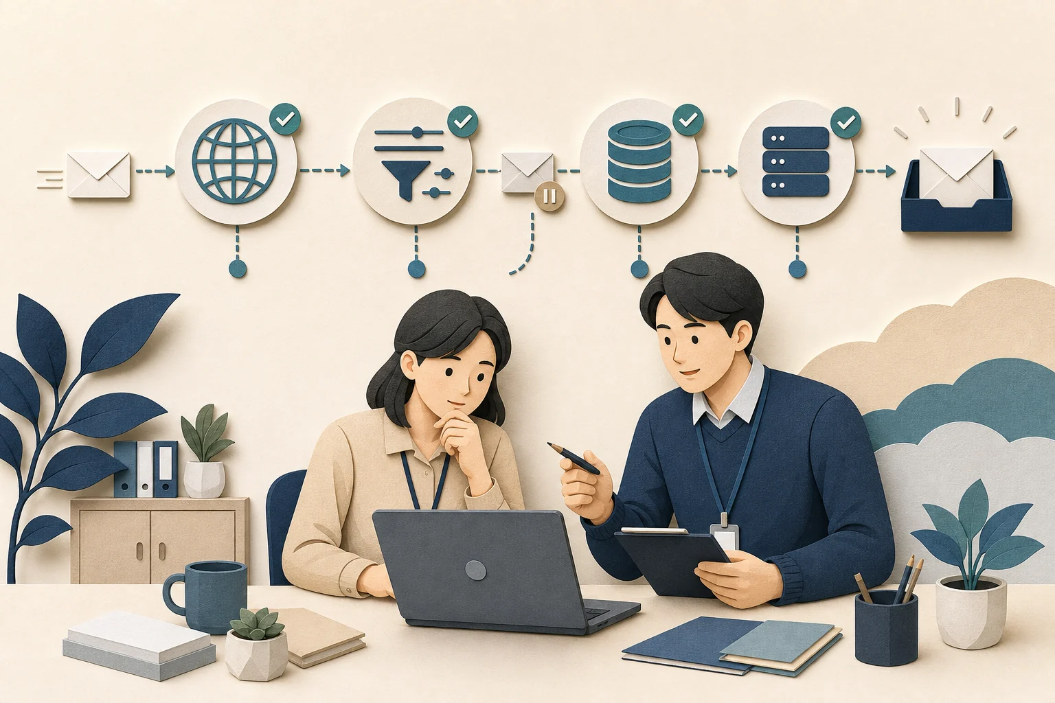 직원과 관리자가 메일 수신 경로의 연결, 규칙, 사서함 용량과 서비스 상태를 차례로 점검하는 일러스트