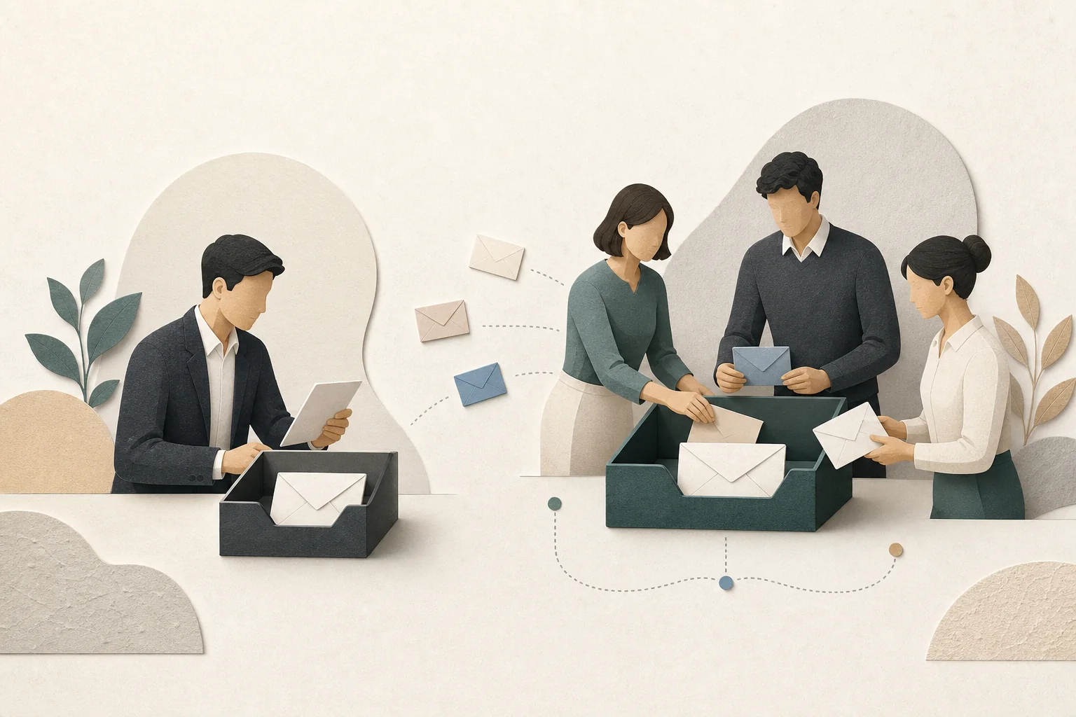 한 사람의 개인 메일함과 여러 담당자가 함께 관리하는 공용 메일함을 비교한 일러스트